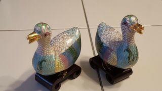 2 Vintage Miniature Asian Cloisonne Brass & Enameled Ducks,  Brass Feet & Stands