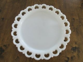 Vintage Large Round Lace Heart Edge Milk Glass Cake Plate Serving Platter 13 "