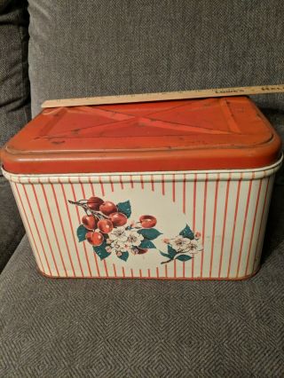 Vintage Bread Box Tin Metal Hinged Lid Red With Apples And Blossoms Vented