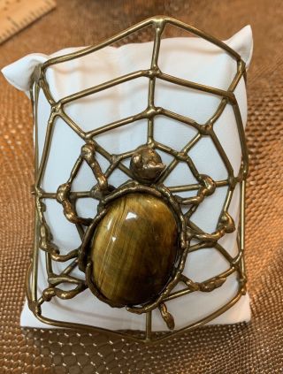 Vintage Spider Spiderweb Bronze Cuff Bracelet Xltiger’s Eye Cabochon Artist Made