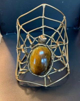 Vintage Spider Spiderweb Bronze Cuff Bracelet XLTiger’s Eye Cabochon Artist Made 4