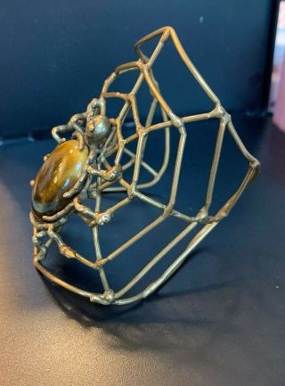 Vintage Spider Spiderweb Bronze Cuff Bracelet XLTiger’s Eye Cabochon Artist Made 6