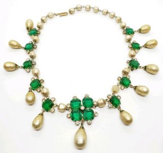 Vintage Accessocraft Nyc Gold Tone Emerald Glass Faux Pearl Art Deco Necklace