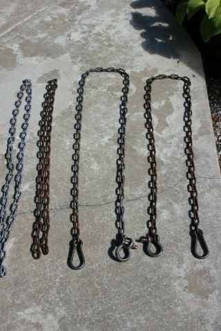 4 Vintage Chains,  2 With Anchors For Towing Logging Tie Downs Etc.