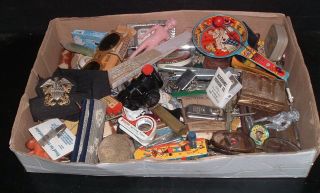 Junk Drawer Of Vintage Stuff,  Pocket Knives,  Lighter,  Tins,  Cars,  Camera,  Pins