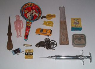 JUNK DRAWER of vintage stuff,  pocket knives,  lighter,  tins,  cars,  camera,  pins 2