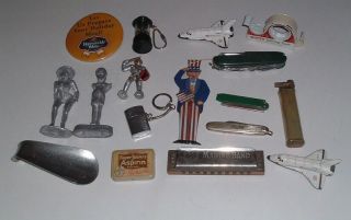 JUNK DRAWER of vintage stuff,  pocket knives,  lighter,  tins,  cars,  camera,  pins 4