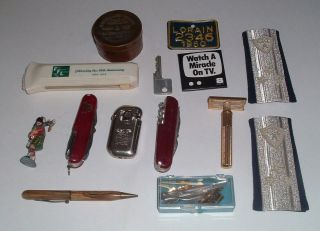 JUNK DRAWER of vintage stuff,  pocket knives,  lighter,  tins,  cars,  camera,  pins 5