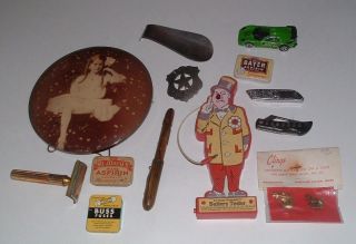 JUNK DRAWER of vintage stuff,  pocket knives,  lighter,  tins,  cars,  camera,  pins 6