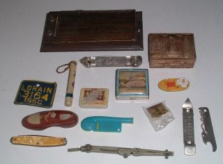 JUNK DRAWER of vintage stuff,  pocket knives,  lighter,  tins,  cars,  camera,  pins 7