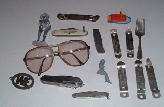 JUNK DRAWER of vintage stuff,  pocket knives,  lighter,  tins,  cars,  camera,  pins 8