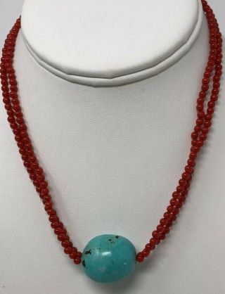 Vintage Sterling Silver Red Coral & Turquoise Beaded Necklace