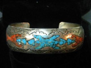 Vintage Native American Chip Inlay Turquoise Sterling Silver Cuff Bracelet " Djn "