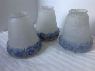 Set Of 3 Vintage Puffy Frosted Glass Light Shades Reverse Painted Blue Flowers