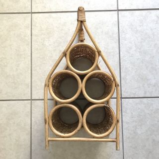 Mid Century Vintage Wicker Wine Rack Holder Bamboo Rattan Cane 5 Bottles Bar Top
