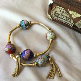 Vintage Venetian Murano Millefiori Art Glass Bead Bracelet W/ Tassels