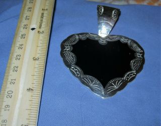 Vintage Lg Sterling Silver Taxco Onyx Heart Pendant
