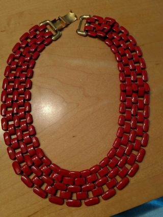 Vintage Napier Red Enamel Link Necklace With Gold Clasp