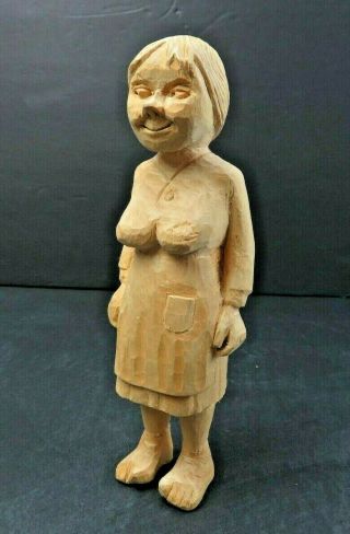 Vintage American Folk Art Wood Hand Carved Statue Friendly Rustic Country Lady