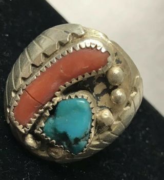 Vintage Navajo Sterling 925 Silver Coral And Turquoise Ring