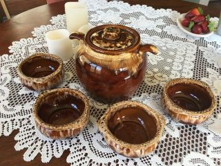 Vintage Brown Drip Glazed Soup/bean Pot & 4 French Onion Soup Crock Bowls