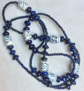 Vintage Lapis Lazuli Blue/white Porcelain Hand Painted Cylindrical Bead Necklace
