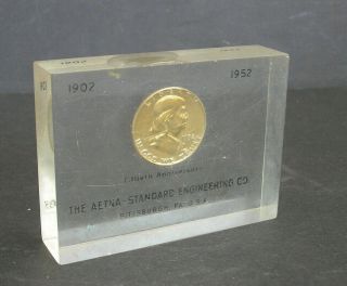 Vtg.  1952 Gold - Plated Ben Franklin Half - Dollar Advertising Aetna - Standard Eng.