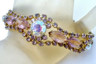 Vintage Lavender & Purple Ab Rhinestone Bracelet Gold Tone Aurora Borealis 7.  25 "