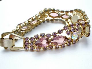 Vintage Lavender & Purple AB Rhinestone Bracelet Gold Tone Aurora Borealis 7.  25 
