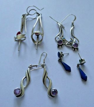 4 X Pairs Of Vintage Silver Stone Set Earrings