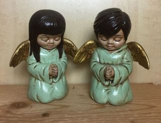Vtg Scioto Vintage Ceramic Set Twin Boy & Girl Praying Angels Figurines 70s