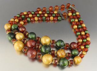 Vintage 50’s Multi 3 Strand Green Yellow Brown Plastic Bead Necklace