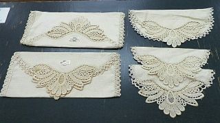 Vintage 5 Pc Set Pure Linen Table Runner Doilies Embroidered Lace