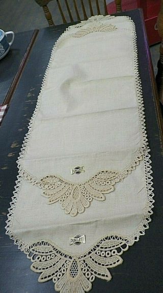VINTAGE 5 PC SET PURE LINEN TABLE RUNNER DOILIES Embroidered Lace 4