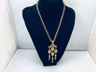 Vtg.  Crown Trifari Shiny Gold Tone Asian Tassel Chains Necklace