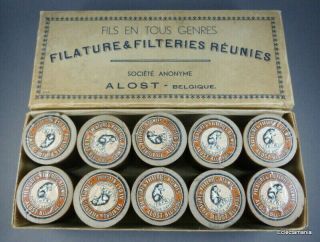 Vintage Box Of Ten Cottons Or Threads On Wooden Cotton Reels - Belgian -