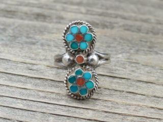 Vintage Navajo Sterling Silver Turquoise & Coral Inlay Floral Ring Sz 7
