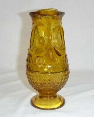 Vtg Mid Century Viking Glass Amber Owl Fairy Glimmer Light Candle Holder 7.  25 "