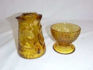 Vtg Mid Century Viking Glass Amber Owl Fairy Glimmer Light Candle Holder 7.  25 