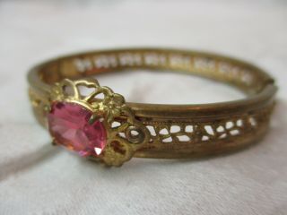 Vintage Gold Tone Bracelet Hinged Bangle With Pink Rhinestone