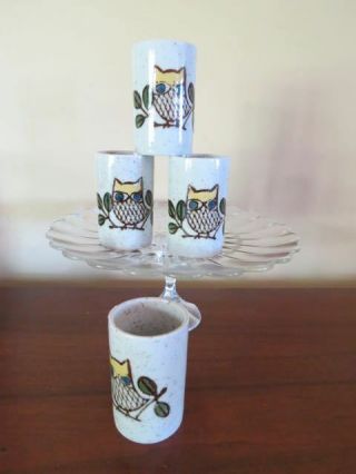 Set Of 4 Vintage Mcm Stoneware Owl Coffee Cups Mugs Glasses,  Juice,  Tea,  Sake