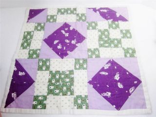 Vintage Quilt Block Hand Sewn Square Purple Green Sheep,  Retro Cars,  16 " Pillow