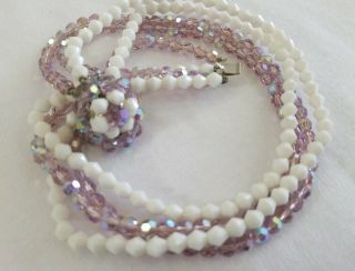 Vintage Necklace Pink Aurora Borealis W Milk Glass Crystal Beaded Jewelry