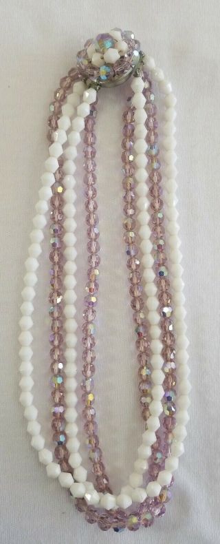 Vintage Necklace Pink Aurora Borealis w milk GLASS CRYSTAL BEADED Jewelry 2