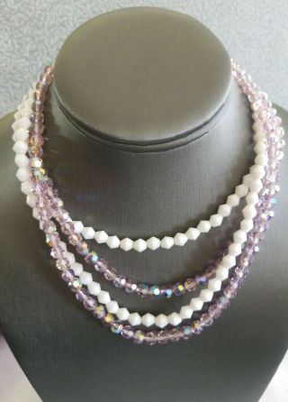 Vintage Necklace Pink Aurora Borealis w milk GLASS CRYSTAL BEADED Jewelry 3