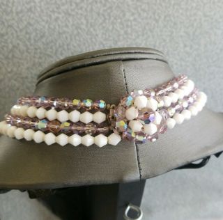 Vintage Necklace Pink Aurora Borealis w milk GLASS CRYSTAL BEADED Jewelry 4