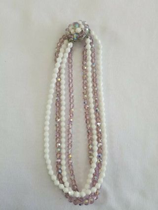 Vintage Necklace Pink Aurora Borealis w milk GLASS CRYSTAL BEADED Jewelry 7