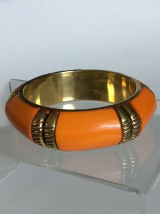 Vintage Chunky Runway Brass Bright Orange Lucite Plastic Ornate Bangle Bracelet