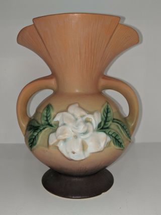 Vintage Roseville Usa 684 8” Brown Gardenia Flower Double Handled Pottery Vase