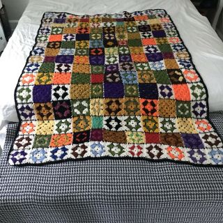 Vtg Granny Square Black Multi Color Afghan Crochet Blanket Handmade 42x60”